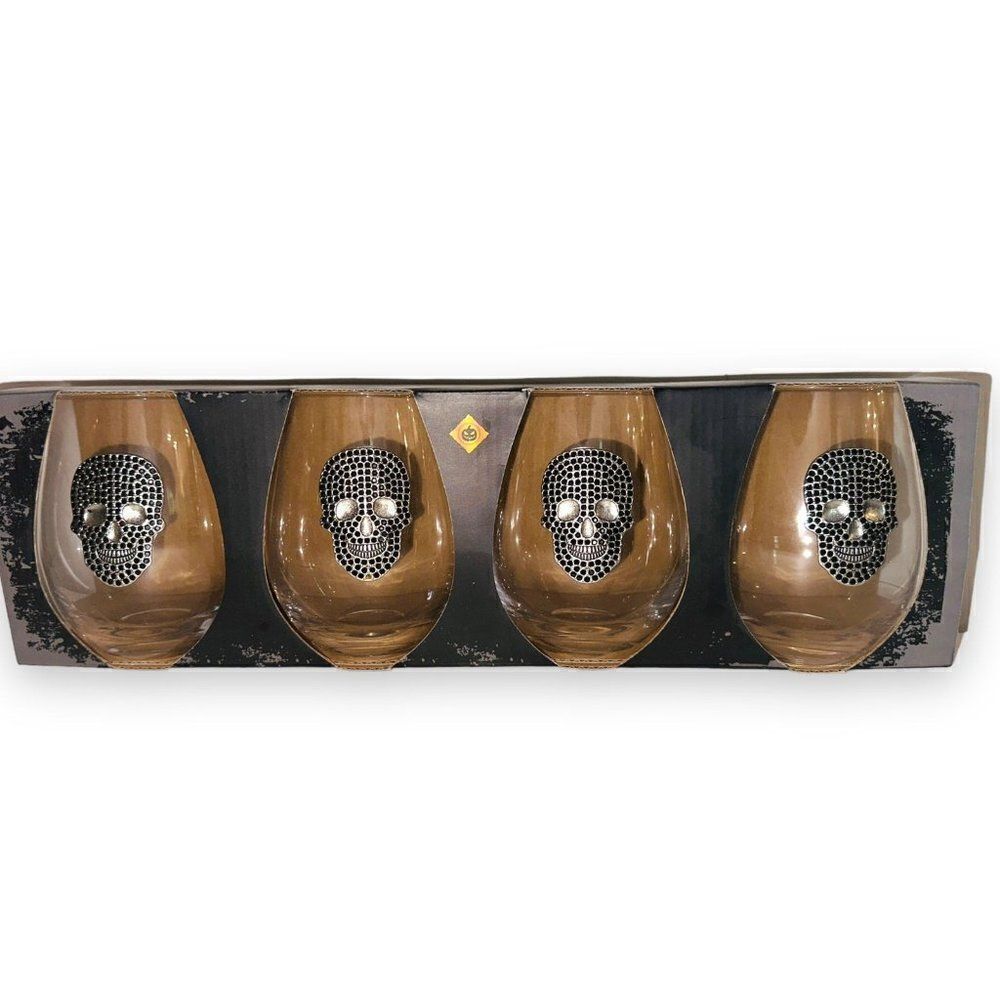 BX1 Spooky Night Halloween Black Rhinestone Skull Stemless Wine Glass Set Gothic